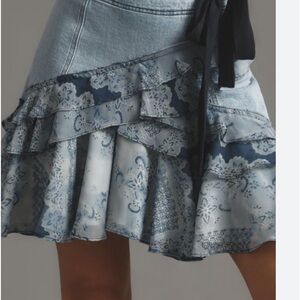 Anthropologie Pilcro Asymmetrical Ruffle Blue Denim Skirt Size LP- NWT